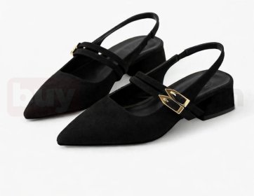 Siyah Süet Görünümlü Tokalı Kısa Topuklu Slingback Ayakkabı