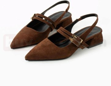 Kahverengi Süet Görünümlü Tokalı Kısa Topuklu Slingback Ayakkabı