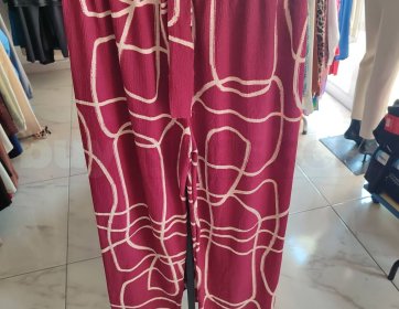Bordo Geometrik Desenli Beli Lastikli Kadın Pantolon