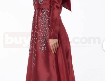 Bordo Taş İşlemeli Tesettür Abiye Elbise