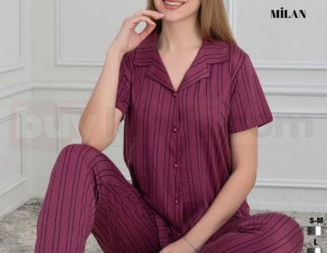 Mürdüm Çizgili Düğmeli Kadın Pijama Takımı