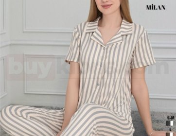 Gri Çizgili Düğmeli Kadın Pijama Takımı