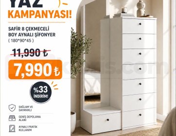 Safir 8 Çekmeceli Boy Aynalı Şifonyer