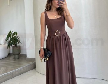 Kemer Detaylı Askılı Midi Elbise