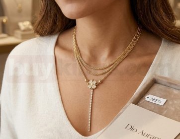Çiçek Detaylı Çok Katlı Gold Kolye