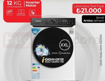 Arnica WM-A12IW – 12 KG İnverter Motorlu Çamaşır Makinesi (1400 Devir)