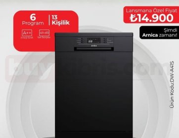 Arnica DW-A41S – 13 Kişilik Bulaşık Makinesi (6 Program – Siyah)