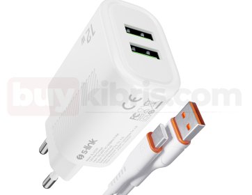 S-link SL-EC50 (SL-EC50T) Type-C Kablolu 5V 2400MA 2 USB Çıkışlı Beyaz Ev Şarj Adaptörü