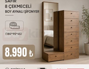 Safir 8 Çekmeceli Boy Aynalı Şifonyer