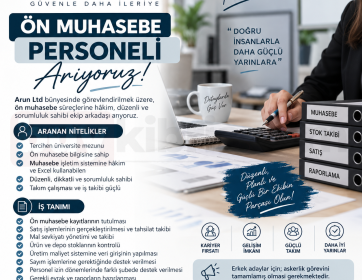 Arun Ltd’de Görevlendirilmek Üzere Ön Muhasebe Personeli Aranıyor