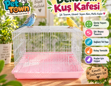 Dekoratif Kuş Kafesi – Beyaz Tel Yapı, Pembe Taban ve Geniş İç Hacim