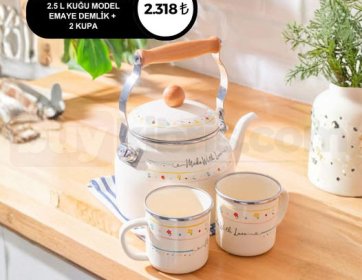 ACAR MADE WITH LOVE 2.5 L KUĞU MODEL EMAYE DEMLİK + 2 KUPA