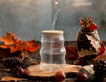 Dalgalı Çizgili Cam Smoothie – Bambu Kapaklı Bardak