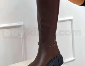 Kahverengi Diz Altı Kalın Taban Kadın Çizme