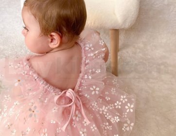 Pudra Çiçekli Tüllü Kız Bebek Elbisesi