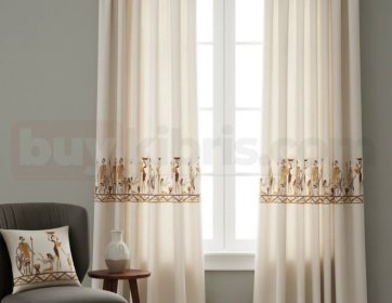 Etnik Desen Şeritli Krem Fon Perde Modeli
