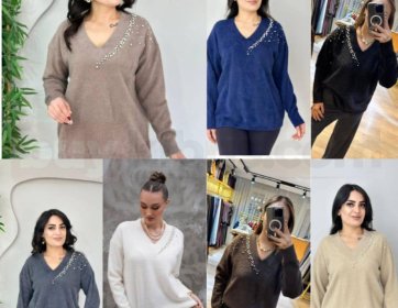 Taş Detaylı V Yaka Triko Kazak