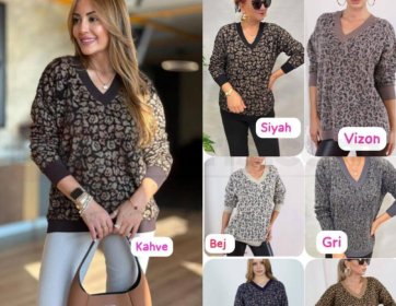 V Yaka Leopar Desenli Triko