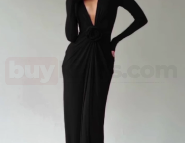 Kadın Siyah Derin Dekolteli Uzun Abiye Elbise