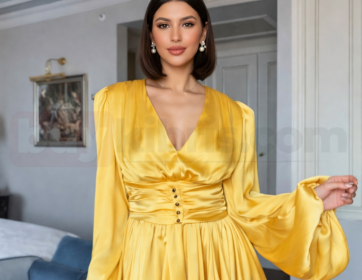 Kadın Sarı Saten Drapeli Mini Elbise