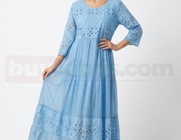 Mavi İşlemeli Uzun Elbise