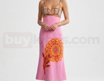 Desenli Askılı Midi Elbise