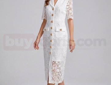 Dantel Detaylı Beyaz Midi Elbise