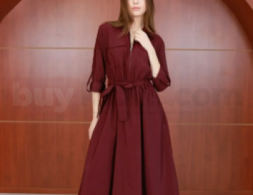 Bordo Fermuar Detaylı Midi Elbise