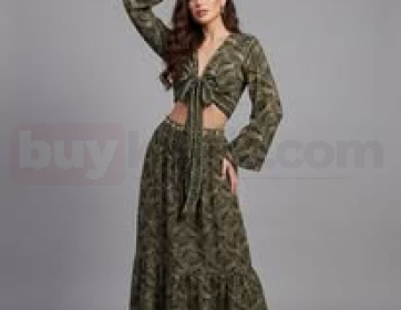 Haki Desenli Cut-Out Maxi Elbise